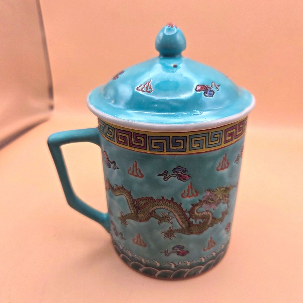 VTG Jingdezhen Chinese Porcelain Lidded Mug Turquoise Dragon Tea Cup
